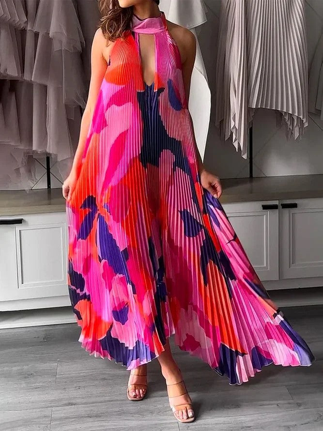 Deep V Halter Backless Printed Pleated Swing Dress