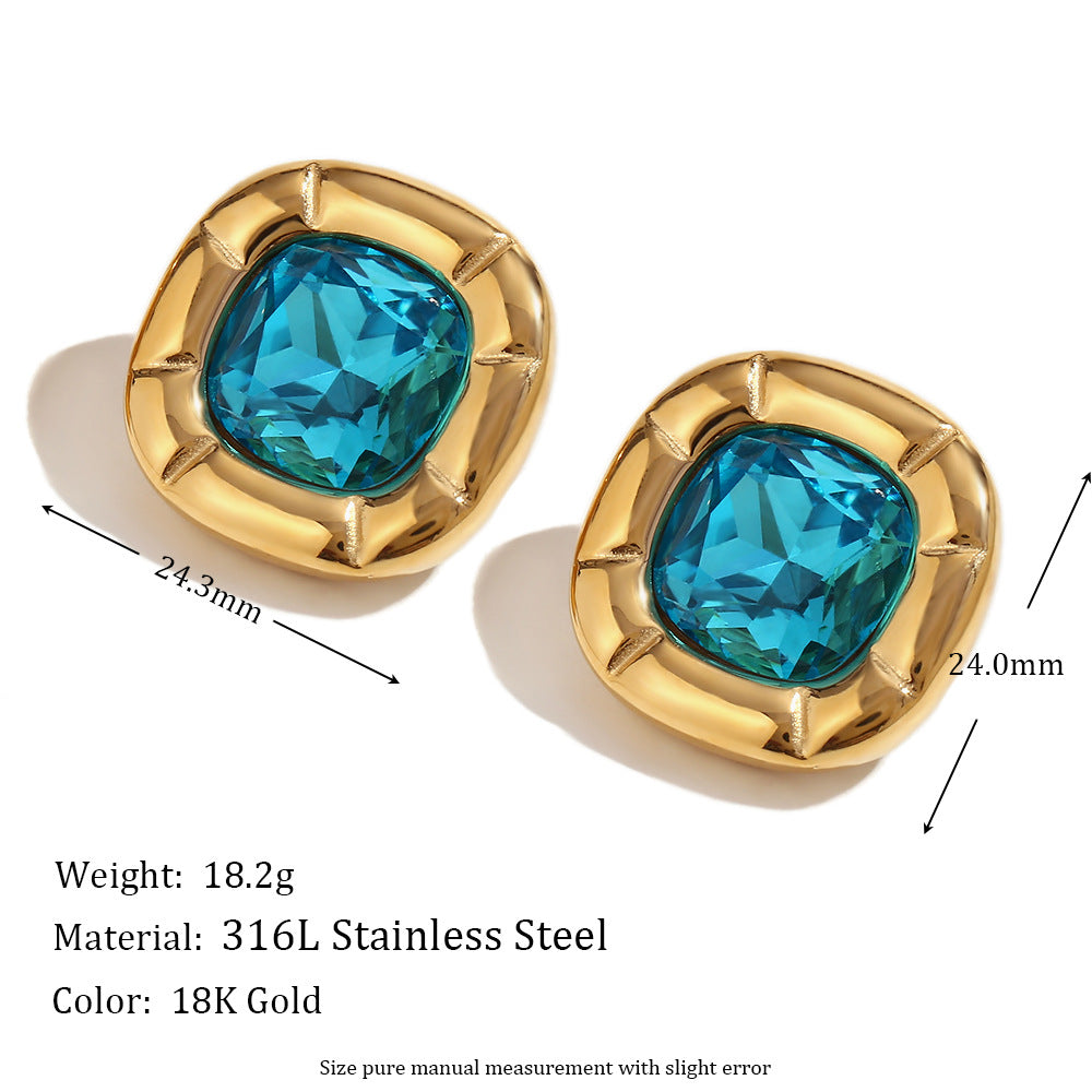 18K Gold Round Corner Square Flower Zircon Ear Studs