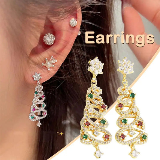 New Full Inlaid Colorful Zircon Christmas Tree Tassel Earrings Women's Fashion Personality Earrings Party Jewelry Christmas Gift