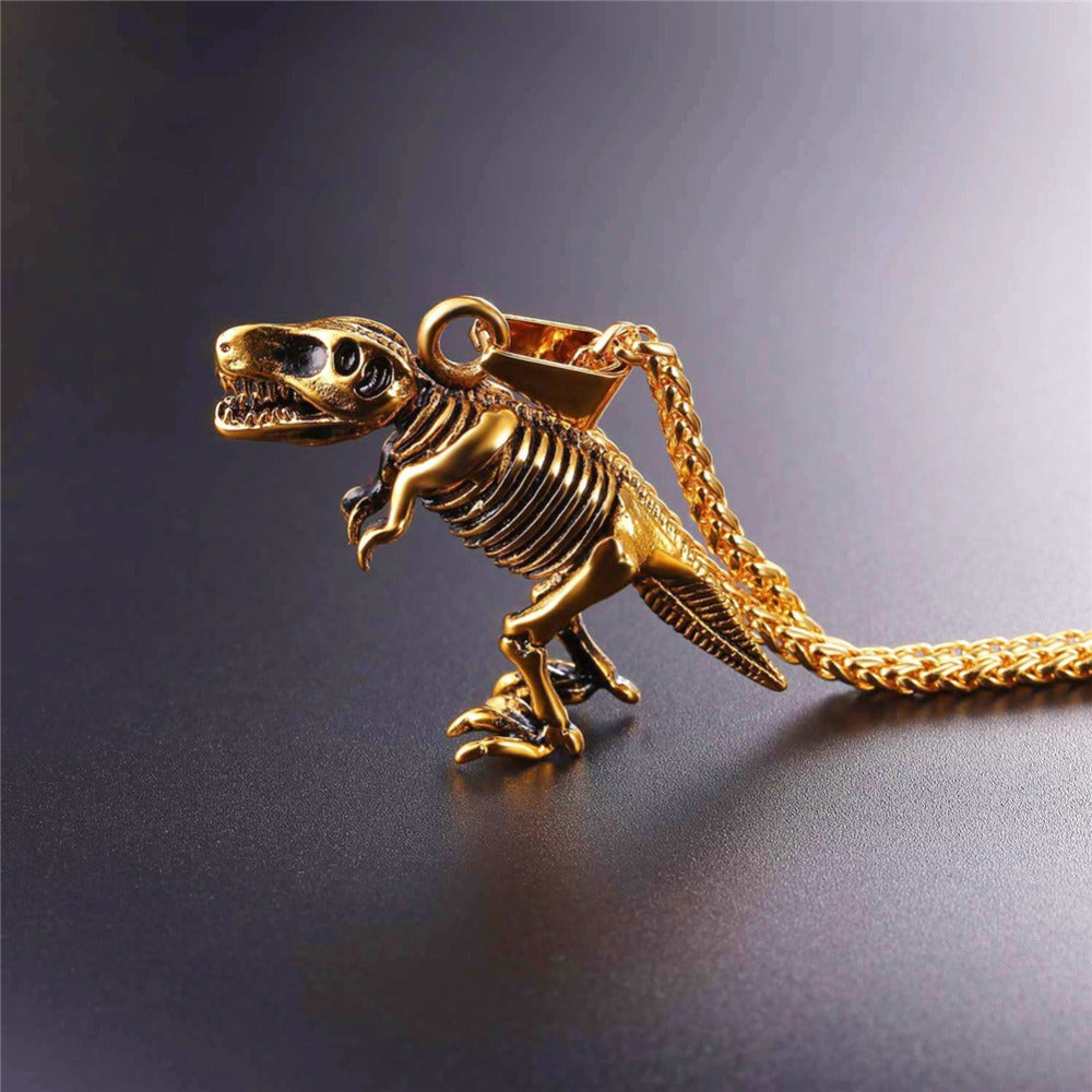 Jurassic World Jurassic Park Stainless Steel Punk Jewelry Antique Gold Plated Dragon Dinosaur Necklace Men