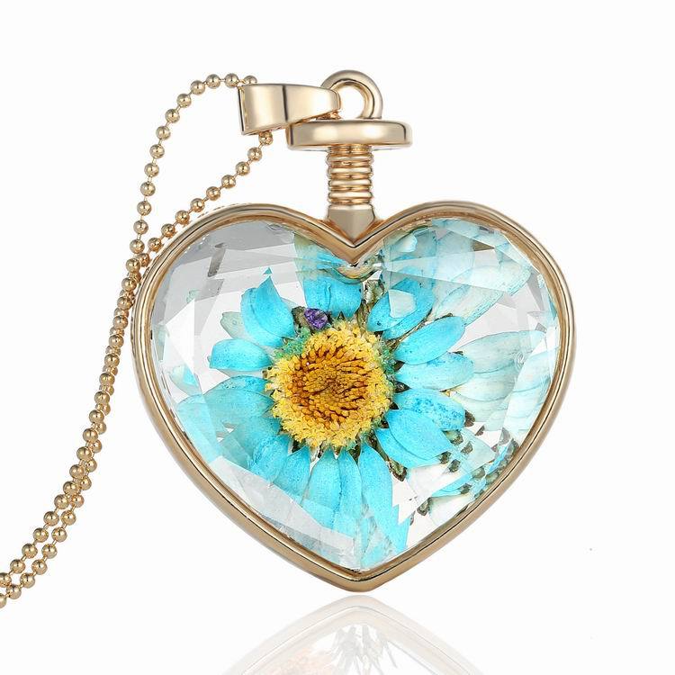 Round Pendant Necklace Gold Silver Color Bead Chain Colorful Specimen Dried Flower Necklace