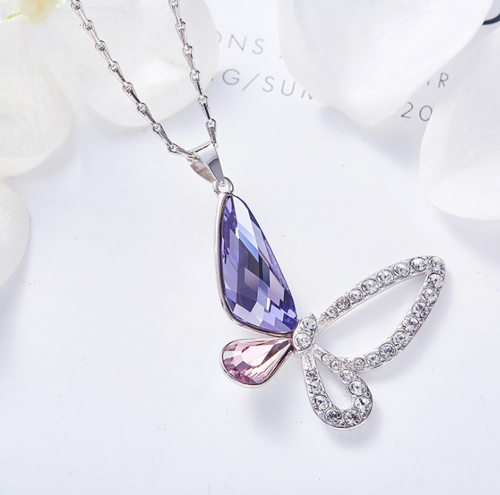 CDE Crystals from  Necklace Women Pendants S925 Sterling Silver Jewelry Blue Purple Butterfly Austrian Rhinestone New