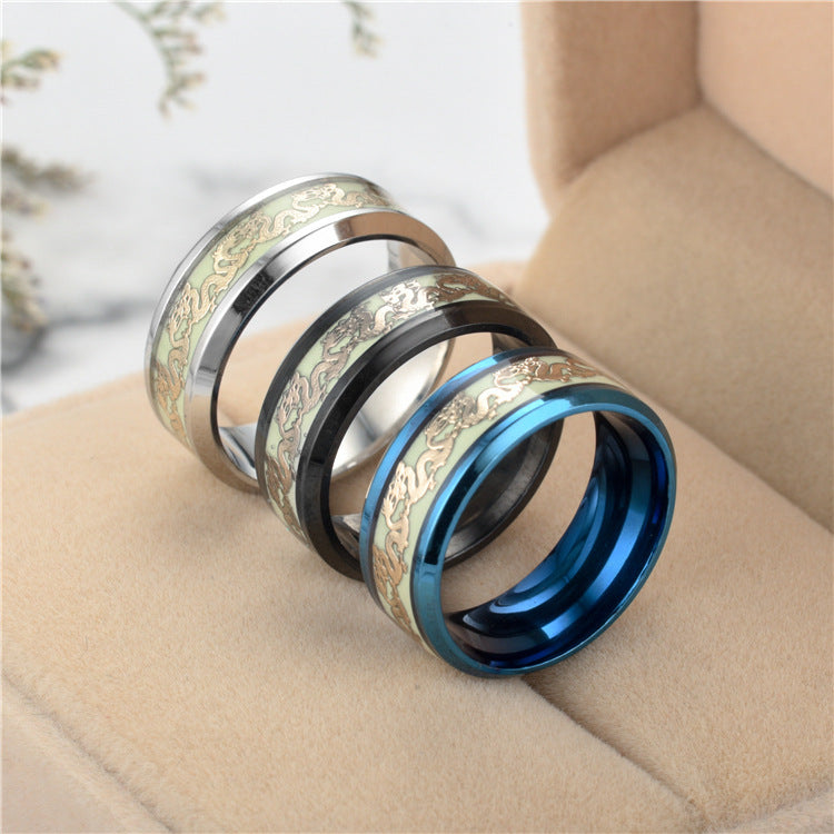 European And American New Hot Titanium Steel Fluorescent Double Dragon Ring Luminous Double Dragon Stainless Steel Jewelry Factory Direct Sales Wholesale