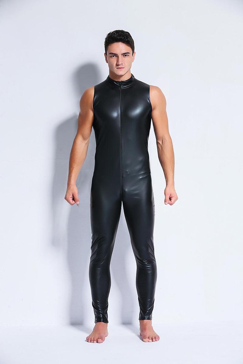 Men's Lingerie Patent Leather Jumpsuit Tight Imitation Leather Bar Stage Performance