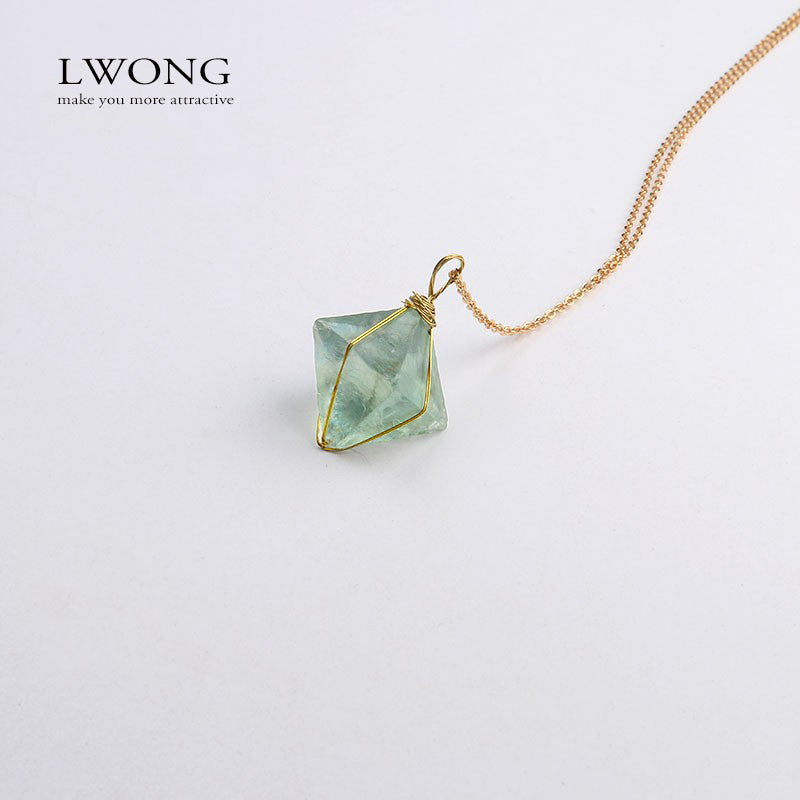 Gold Wire Wrapped Octahedron Green Fluorite Pendant Necklace Natural Stone Jewelry Healing Chakra Gem Necklace Unique Gift