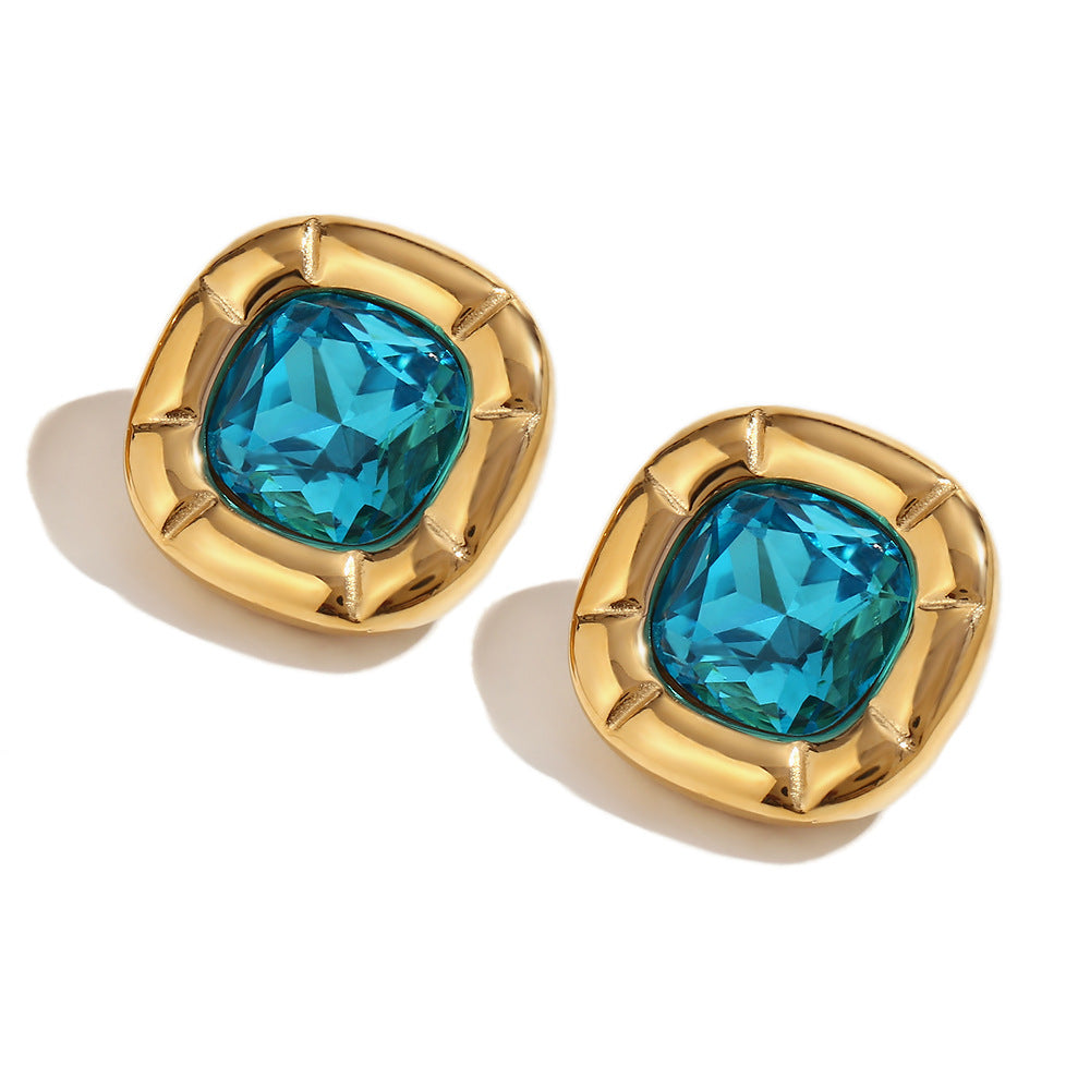 18K Gold Round Corner Square Flower Zircon Ear Studs