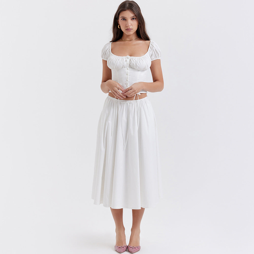 Square Collar Puff Sleeve Short Midriff-baring Top Skirt Suit