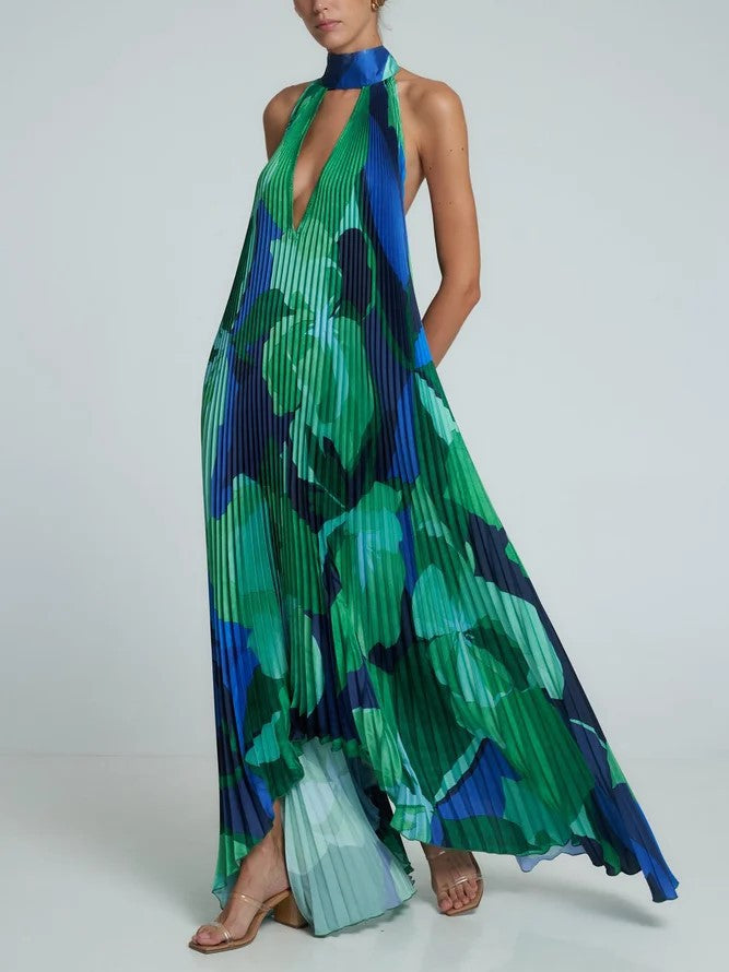 Deep V Halter Backless Printed Pleated Swing Dress