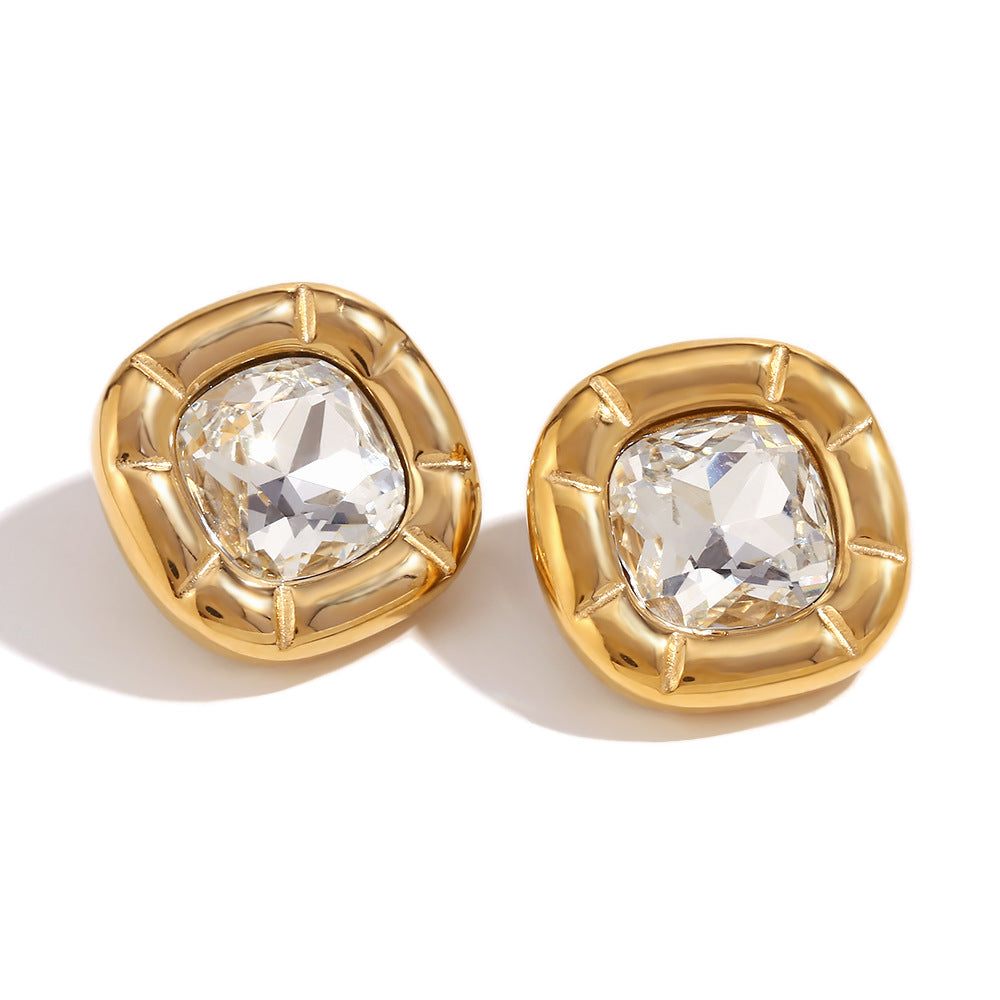 18K Gold Round Corner Square Flower Zircon Ear Studs