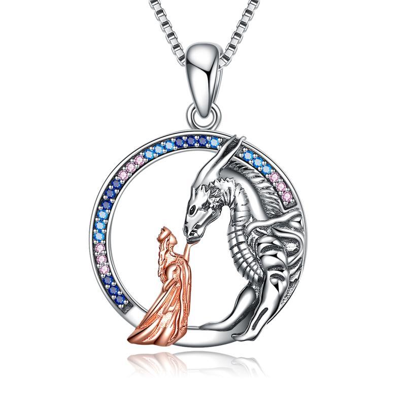 Sterling Silver Girl and Dragon Queen Princess Stroking Necklace Jewelry