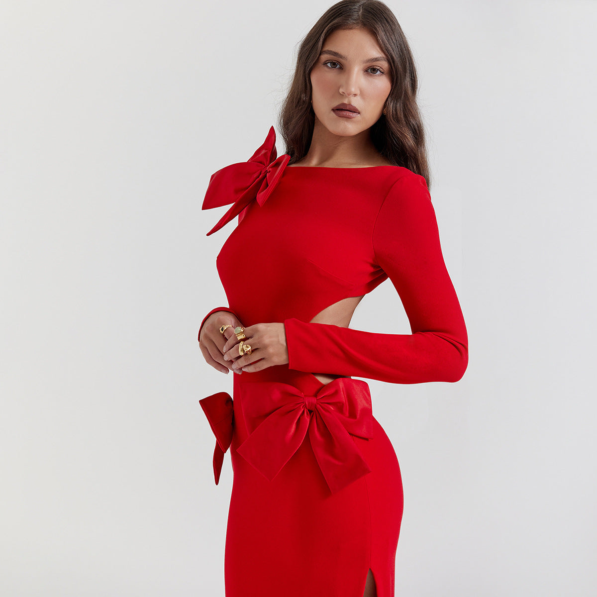 Long Sleeve Backless Bow Split Dress Red Dress