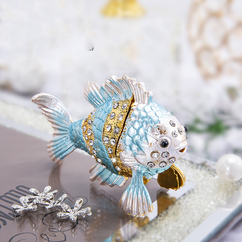 Beta Fish Trinket Box Hinged Lid Enamel Bejeweled Crystals Jewelry Pill Storage