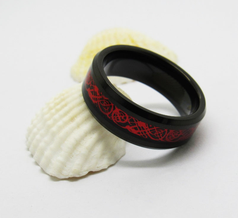 Tungsten Gold Ring Men's Chamfering Electric Black Inlaid Black Red Dragon Fashion Popular European And American Jewelry