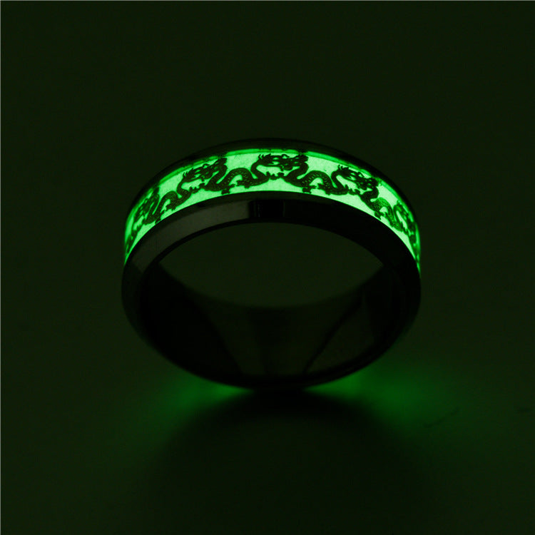 European And American New Hot Titanium Steel Fluorescent Double Dragon Ring Luminous Double Dragon Stainless Steel Jewelry Factory Direct Sales Wholesale