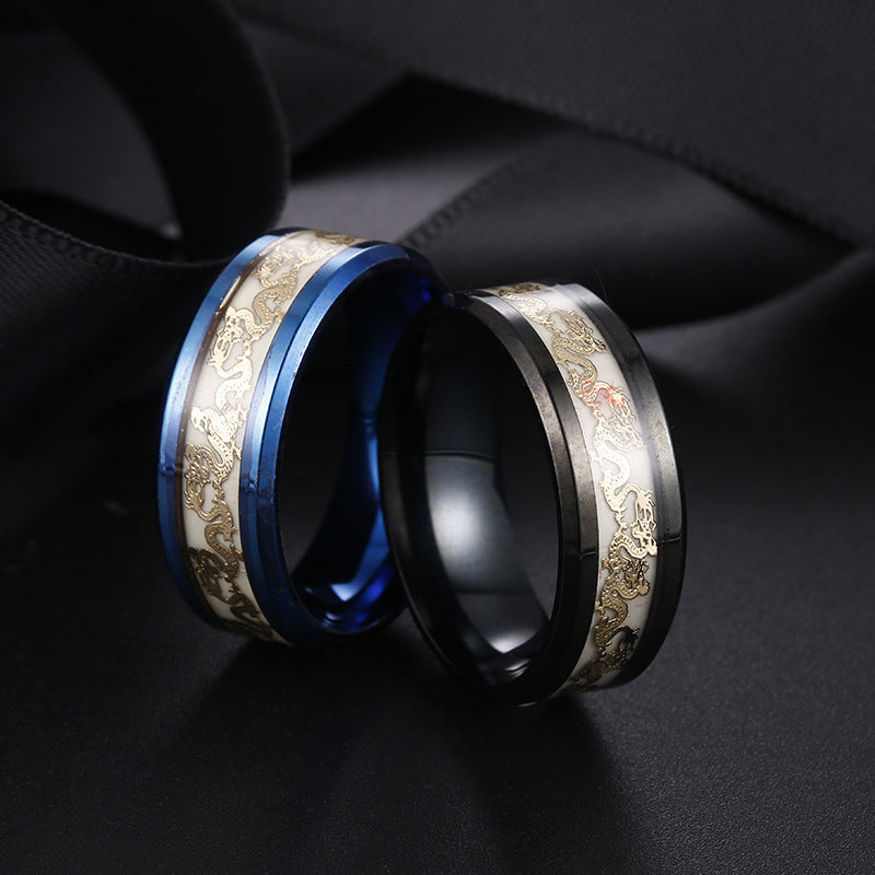 European And American New Hot Titanium Steel Fluorescent Double Dragon Ring Luminous Double Dragon Stainless Steel Jewelry Factory Direct Sales Wholesale