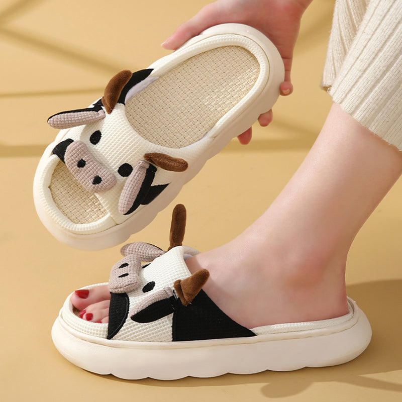 Cute Cartoon Cow Frog Slippers Linen Non-slip Shoes Indoor Garden Home Slippers