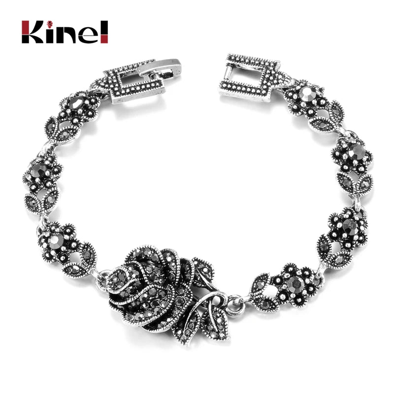 Kinel Hot Rose Flower Bracelets For Women Tibetan Silver Boho Charm Crystal Bracelet Bride Wedding Jewelry Russian Accessories