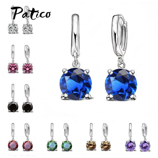 Real 925 Pure Sterling Silver Needle Dangle Earrings CZ Crystal Big Round  Earrings For Women Girls Gift Fashion Jewelry