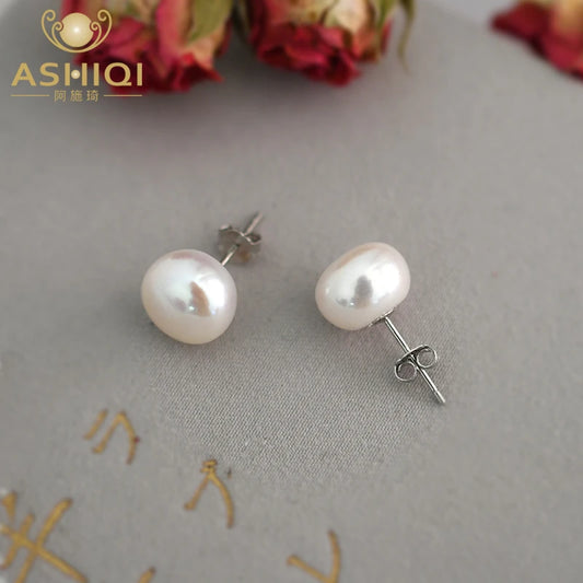 ASHIQI Natural Freshwater Pearl Stud Earrings for Women Real 925 Sterling Silver Jewelry Gift Wholesale