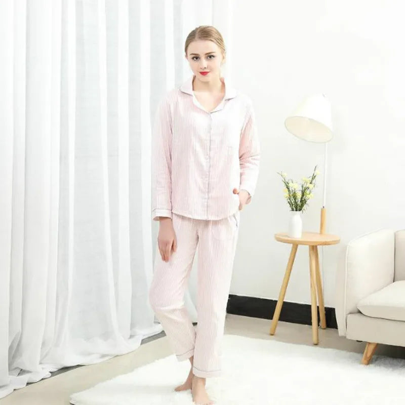 Sleepwear Women's Cotton Home Suit Pajamas Winter Long Sleeve Stripe Pyjama Female Casual Lounge Set Dropshipping