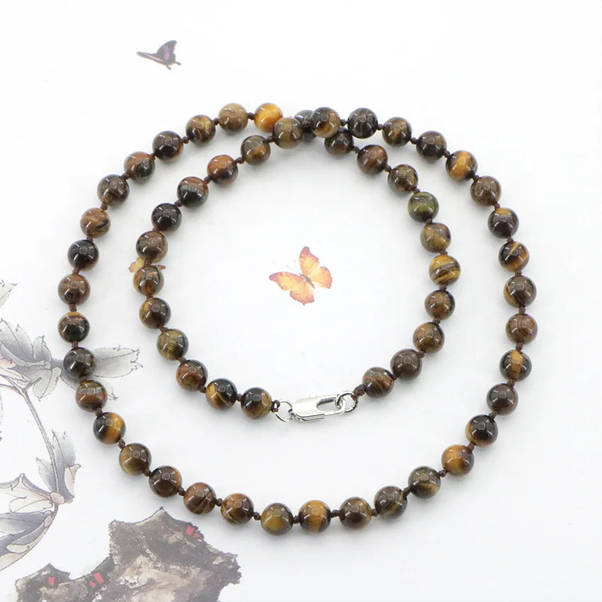 Natural 6-14mm Tiger Eye Stone Necklace Round Loose Beads Gems Stone Women Girls Wedding Christmas Gifts Jewelry Wholesale 18 "