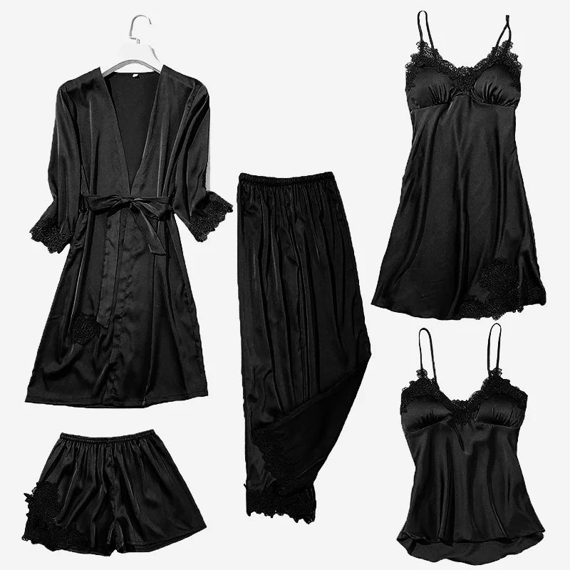 Satin Lace Pajamas Set Women Strap Top Pants Sleepwear Sleep Suit Spring Autumn Pyjamas Home Wear Nightwear Robe Gown M-XXL