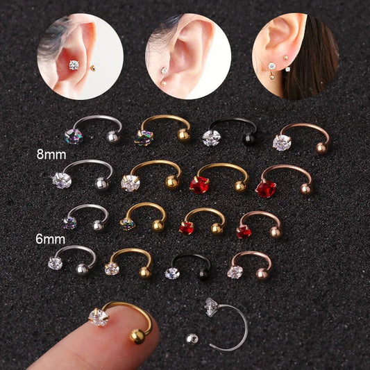 1pc 6/8mm Stainless Steel Zircon Cz Hoop Tragus Cartilage Helix Stud Earring Conch Rook Daith Lobe Ear Screw Piercing Jewelry