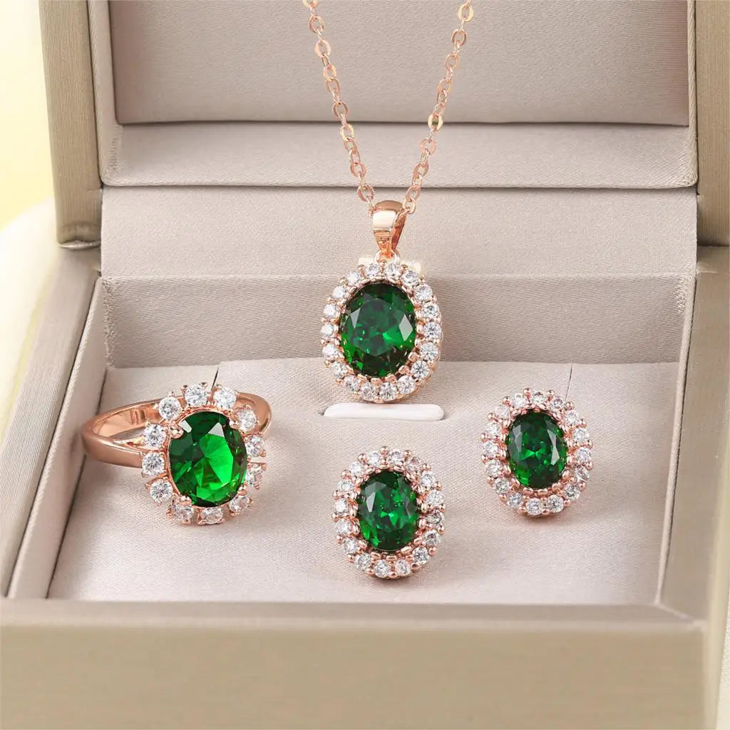 S107 Rose Gold Color AAA Green Austrian Crystal Jewelry Set 3 Pcs Ring Necklace Eearrings For Women HotSale Amazing Price