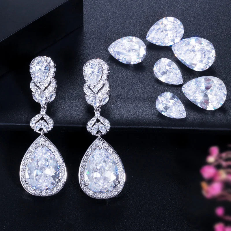 CWWZircons Elegant Water Drop Shaped Cubic Zirconia Crystal Bridal Long Earrings Luxury Wedding Jewelry for Brides CZ166