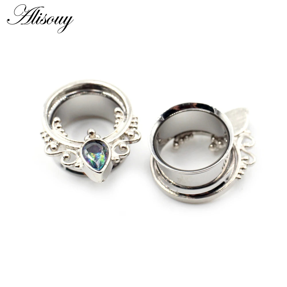 Alisouy 2pcs Punk Stainless Steel Water Drop Zircon Ear Tunnels Plugs Ear Expander Flesh Gauges Stretchers Body Piercing Jewelry