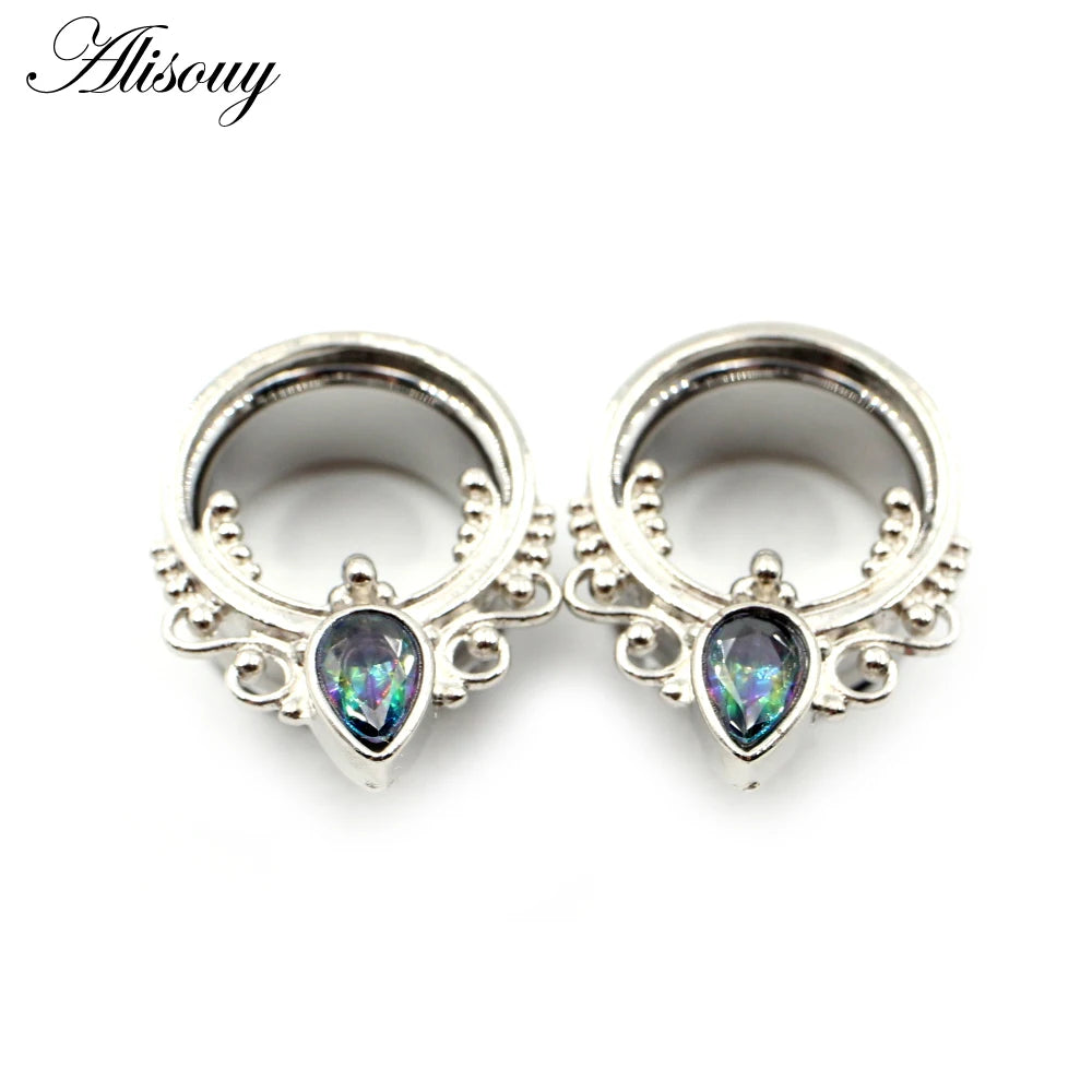 Alisouy 2pcs Punk Stainless Steel Water Drop Zircon Ear Tunnels Plugs Ear Expander Flesh Gauges Stretchers Body Piercing Jewelry