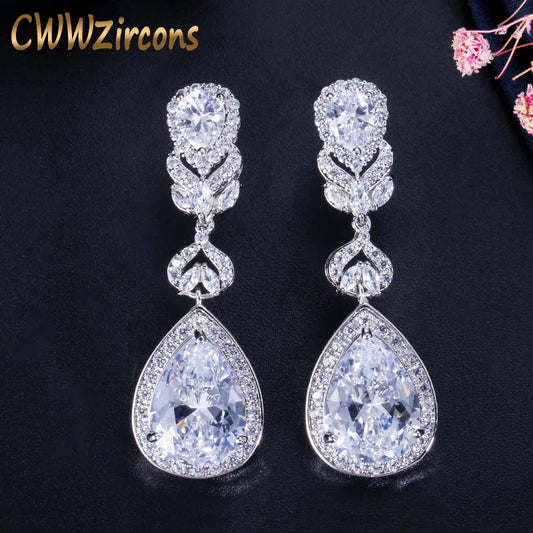 CWWZircons Elegant Water Drop Shaped Cubic Zirconia Crystal Bridal Long Earrings Luxury Wedding Jewelry for Brides CZ166