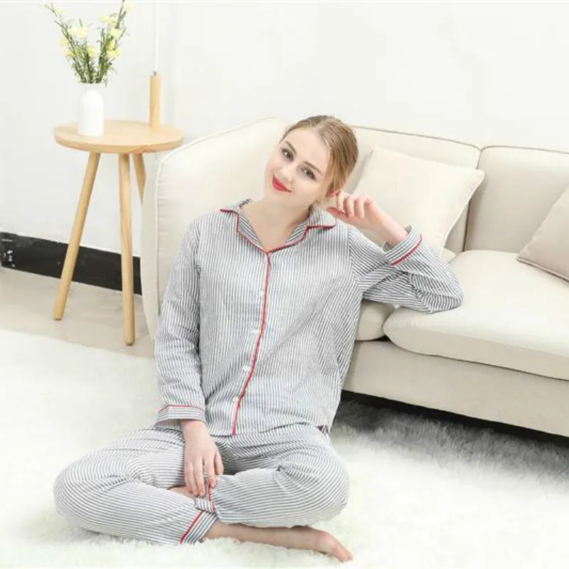 Sleepwear Women's Cotton Home Suit Pajamas Winter Long Sleeve Stripe Pyjama Female Casual Lounge Set Dropshipping