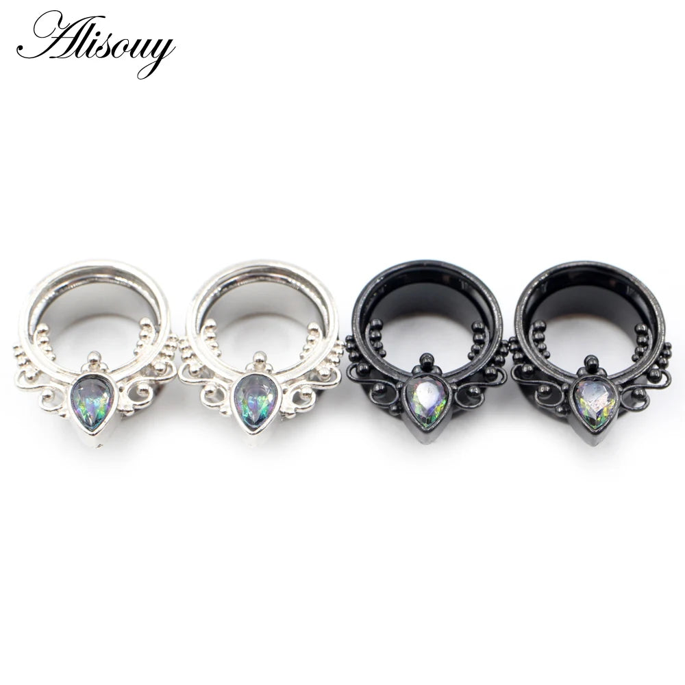 Alisouy 2pcs Punk Stainless Steel Water Drop Zircon Ear Tunnels Plugs Ear Expander Flesh Gauges Stretchers Body Piercing Jewelry