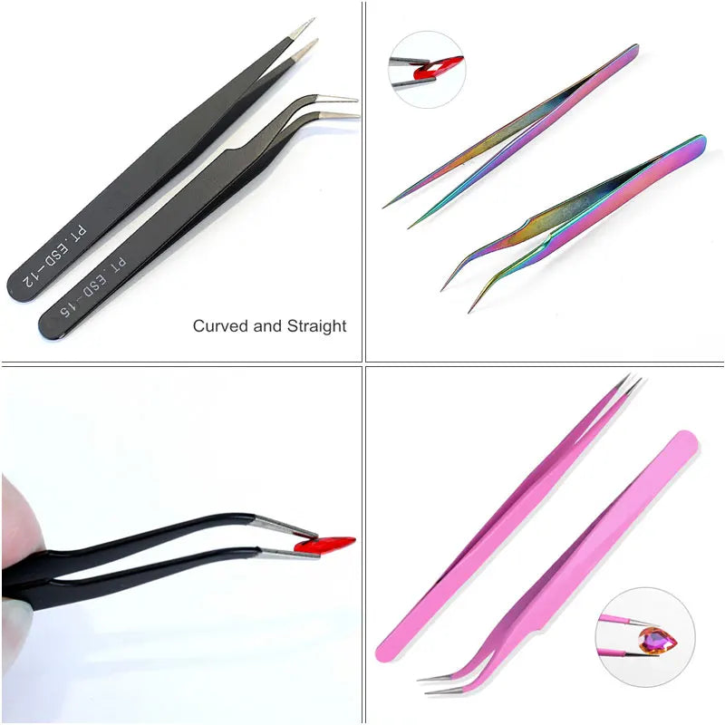 2Pcs/Lot Curved Stainless Steel Tweezers Standard Type Low Pitched Tip Pick-up Tools Hand Clip Nipper For Crystal Jewelry B1970