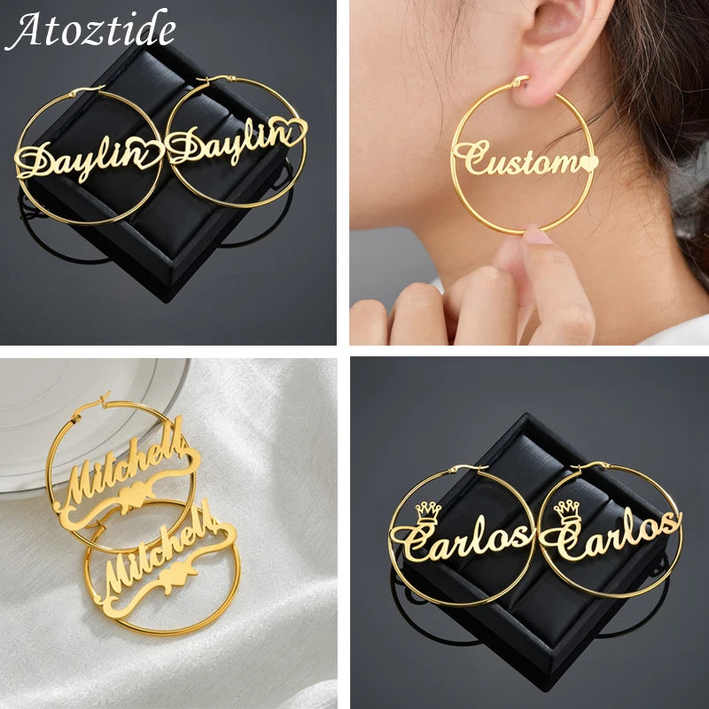 Atoztide High Quality Personalized Stainless Steel Letter For Women Custom Name Diameter 50mm Cricle Earrings Party Jewelry