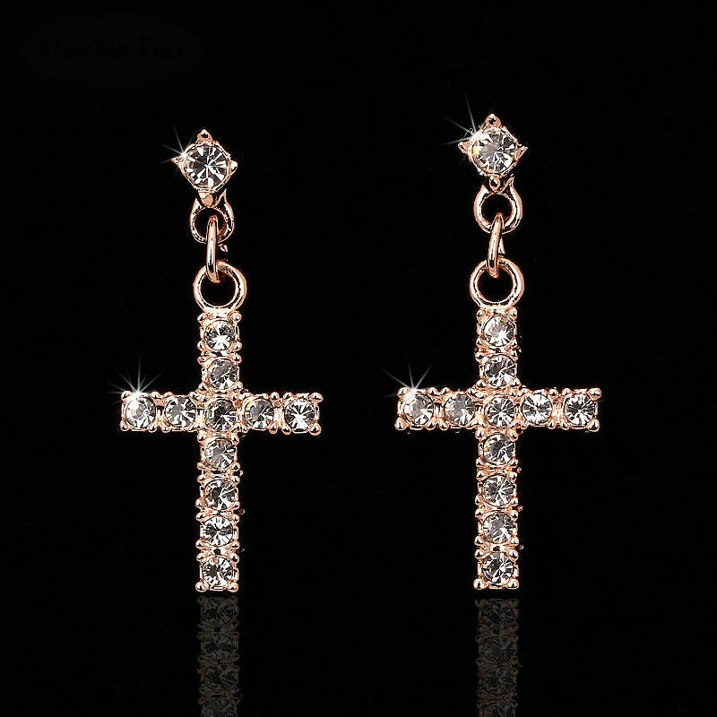 Cubic Zirconia Cross Drop/Dangle Earrings Rose Gold Color Silver Colour Fashion Jewelry For Women Wholesale Punk Style DWE328