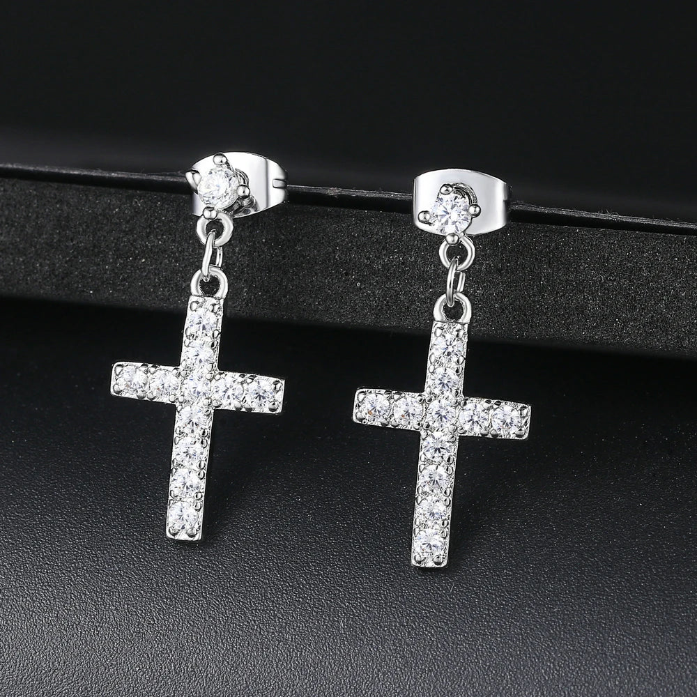 Cubic Zirconia Cross Drop/Dangle Earrings Rose Gold Color Silver Colour Fashion Jewelry For Women Wholesale Punk Style DWE328