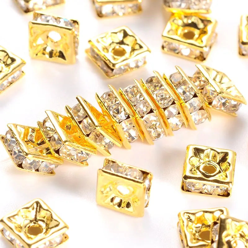 100pcs 6x6x3mm Square Brass Rhinestone Beads Loose Spacer Beads for Jewelry Making DIY Bracelet Necklace Findings Hole 1mm