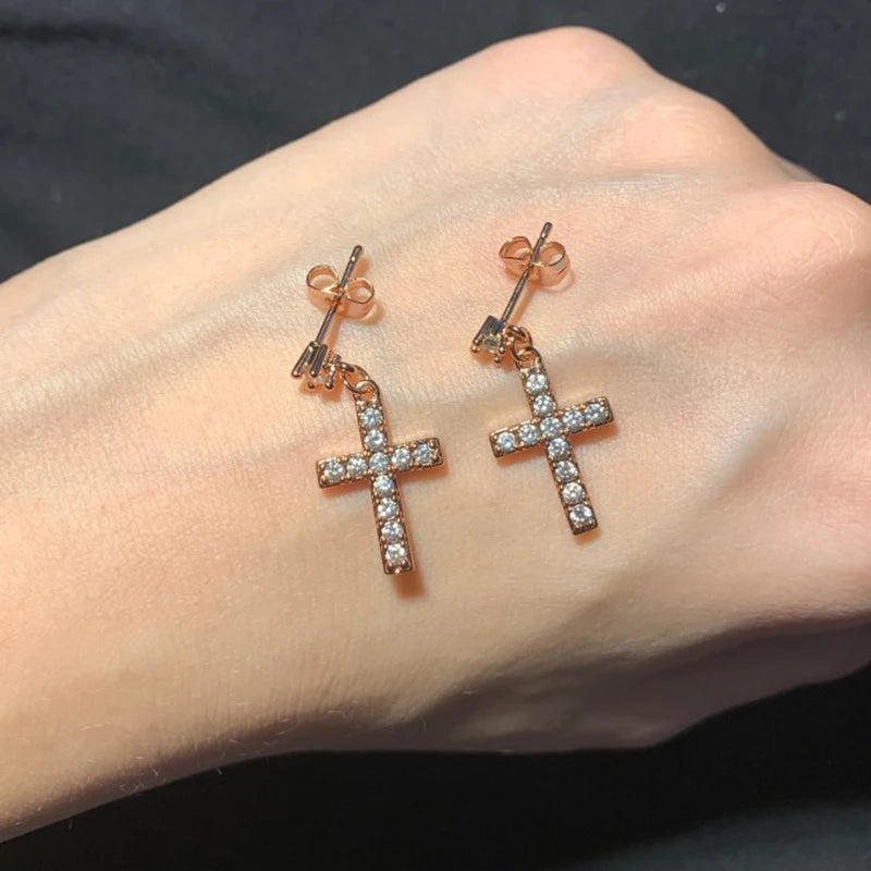 Cubic Zirconia Cross Drop/Dangle Earrings Rose Gold Color Silver Colour Fashion Jewelry For Women Wholesale Punk Style DWE328