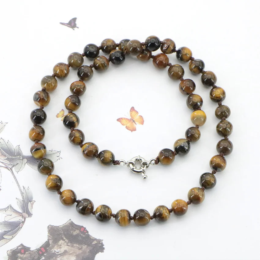 Natural 6-14mm Tiger Eye Stone Necklace Round Loose Beads Gems Stone Women Girls Wedding Christmas Gifts Jewelry Wholesale 18 "