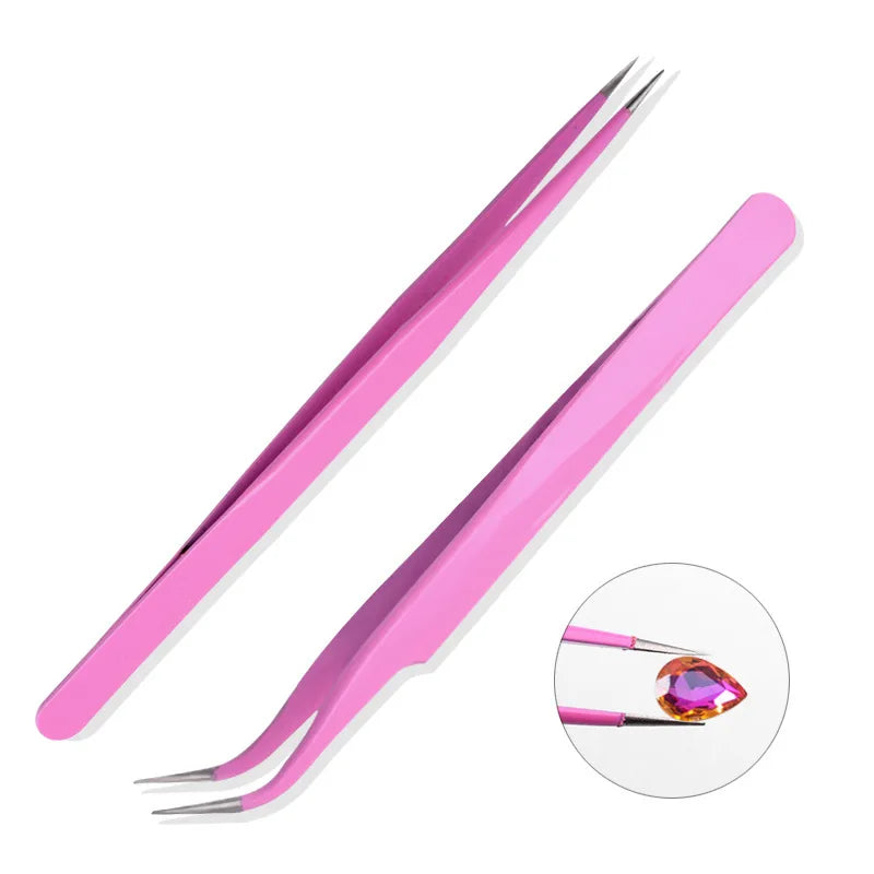 2Pcs/Lot Curved Stainless Steel Tweezers Standard Type Low Pitched Tip Pick-up Tools Hand Clip Nipper For Crystal Jewelry B1970