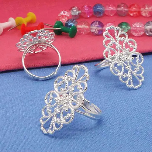 10pcs  Filigree Adjustable Ring Blank Base with 20*30mm Flower Shaped Flat Pad for DIY Jewelry Making Antique Bronze/Silver/Gold