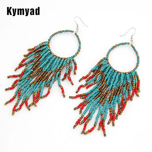 Kymyad Bohemian Earrings For Women Bijoux Big Statement Earrings Fashion Jewelry Beads Tassel Long Earrings Boho Ethnic Jewelry