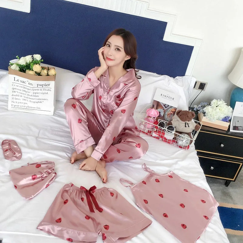 Women 7 pieces Pink pajamas sets satin silk lingerie homewear sleepwear pyjamas set pijamas female stripe printed Nightwear suit