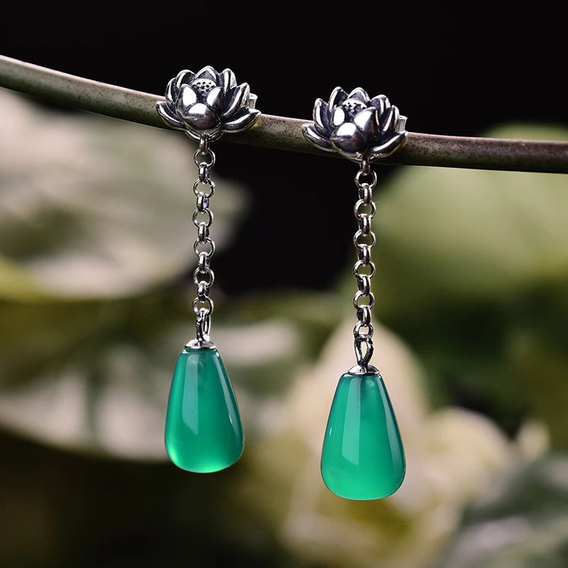 Lotus Fun Real 925 Sterling Silver Earrings Natural Agate Handmade Fine Jewelry Water Drop Lotus Drop Earrings for Women Brincos