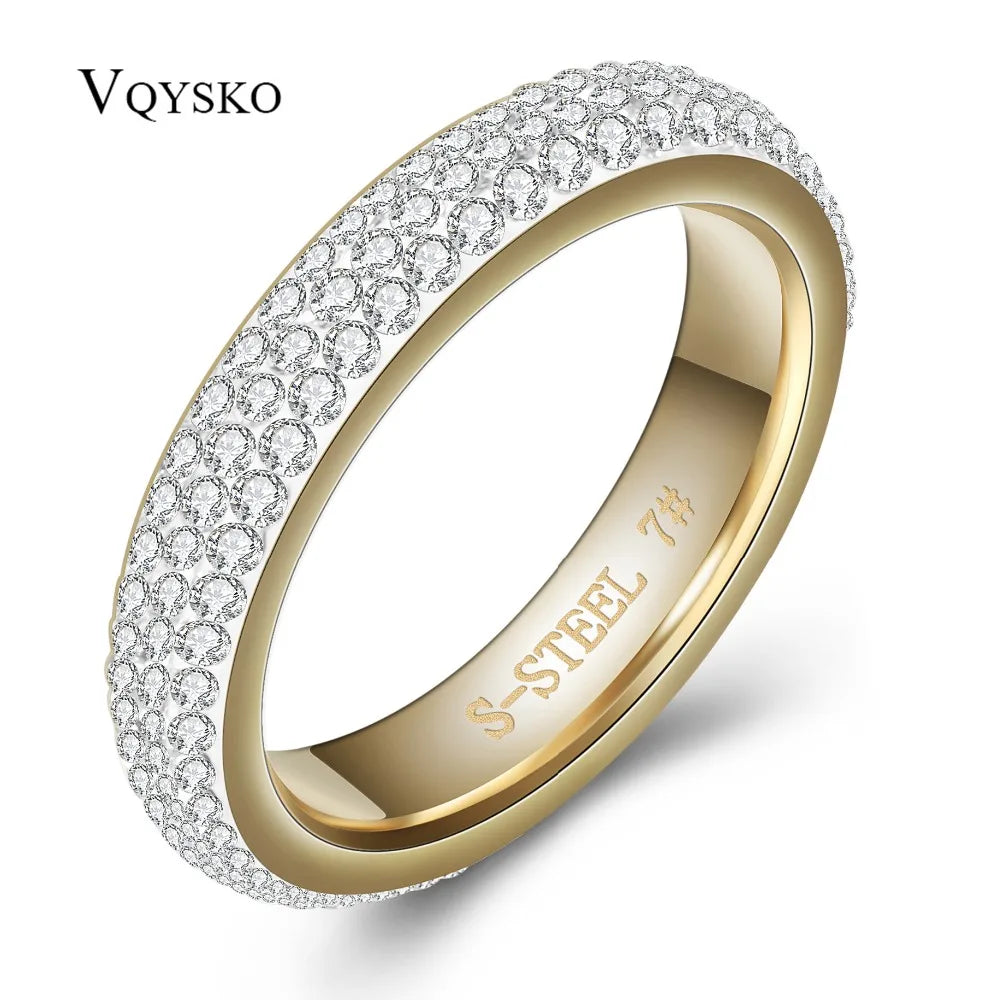 Three row clear crystal Gold Color Stainless steel Wedding Rings for women fashion jewelry with Full Size