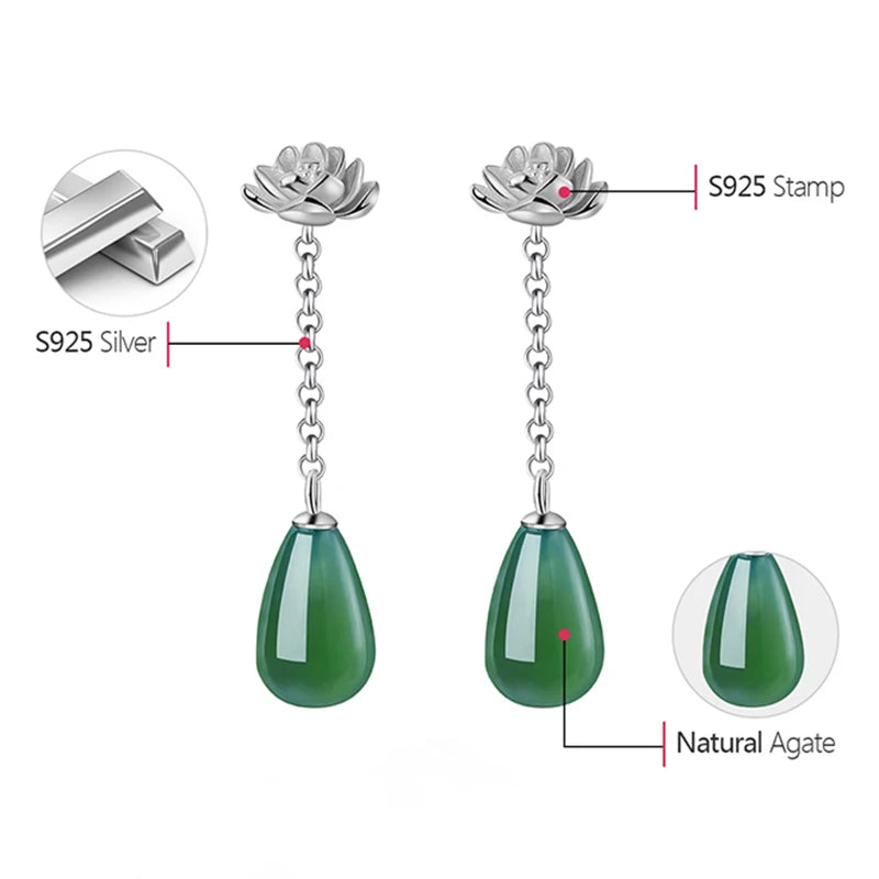 Lotus Fun Real 925 Sterling Silver Earrings Natural Agate Handmade Fine Jewelry Water Drop Lotus Drop Earrings for Women Brincos