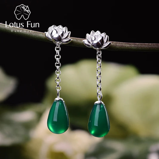 Lotus Fun Real 925 Sterling Silver Earrings Natural Agate Handmade Fine Jewelry Water Drop Lotus Drop Earrings for Women Brincos