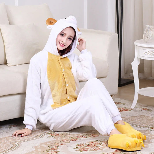 Animal Goat Kigurumis Adult Onesie  Cartoon Pajamas Flannel Warm Lovely Party Suit White Sheep Sleepwear Women Pyjamas New